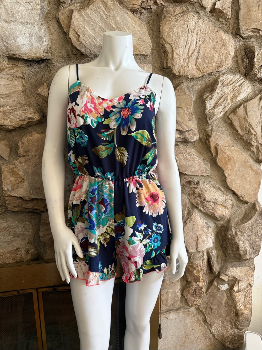 Foreign Exchange Navy Floral Romper with Multicolor Blooms